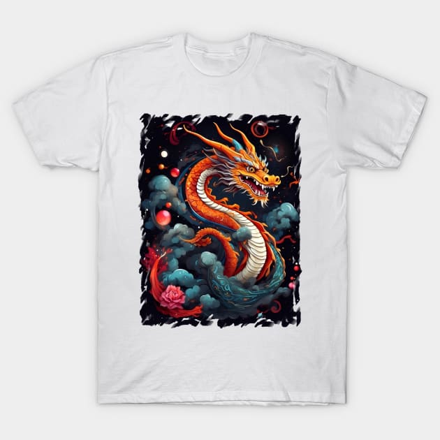 Chinese Orange Dragon Art T-Shirt by VivaLaRetro